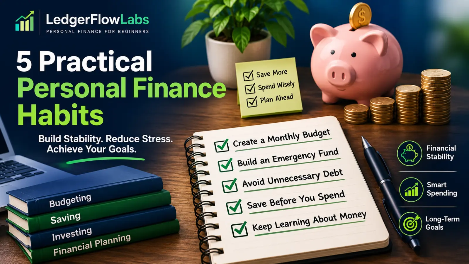 Modern LedgerFlowLabs finance infographic highlighting five personal finance habits: creating a monthly budget, building an emergency fund, avoiding unnecessary debt, saving before spending, and continuing to learn about money.