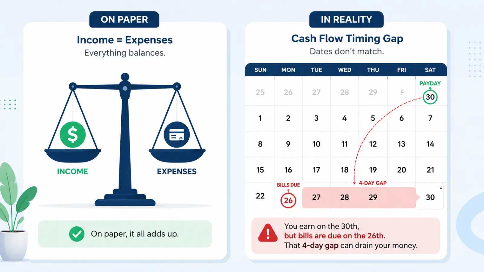Illustration showing how a cash flow timing gap between bill due dates and payday can cause you to run out of money before payday.