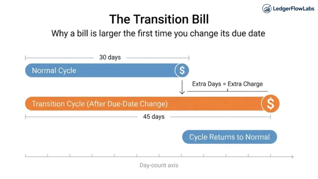 Timeline diagram comparing a normal 30-day billing cycle to a stretched 45-day transition cycle after a due-date change, showing why the first bill after the change is larger before the cycle returns to normal.