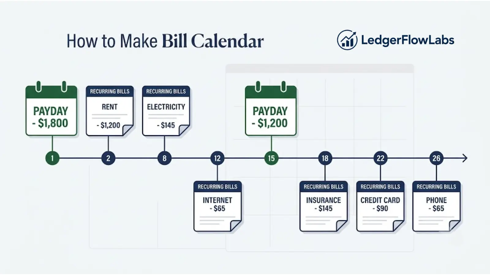 Example of a bill calendar combining paydays and recurring bill payment dates in chronological order