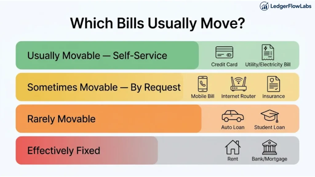Four-tier horizontal chart showing bill due-date flexibility — credit cards and utilities as usually movable, phone and insurance as sometimes movable, auto and student loans as rarely movable, and rent and mortgage as effectively fixed.