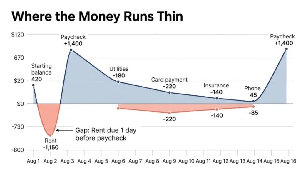 Timeline chart showing account balance dropping negative when rent is due before payday