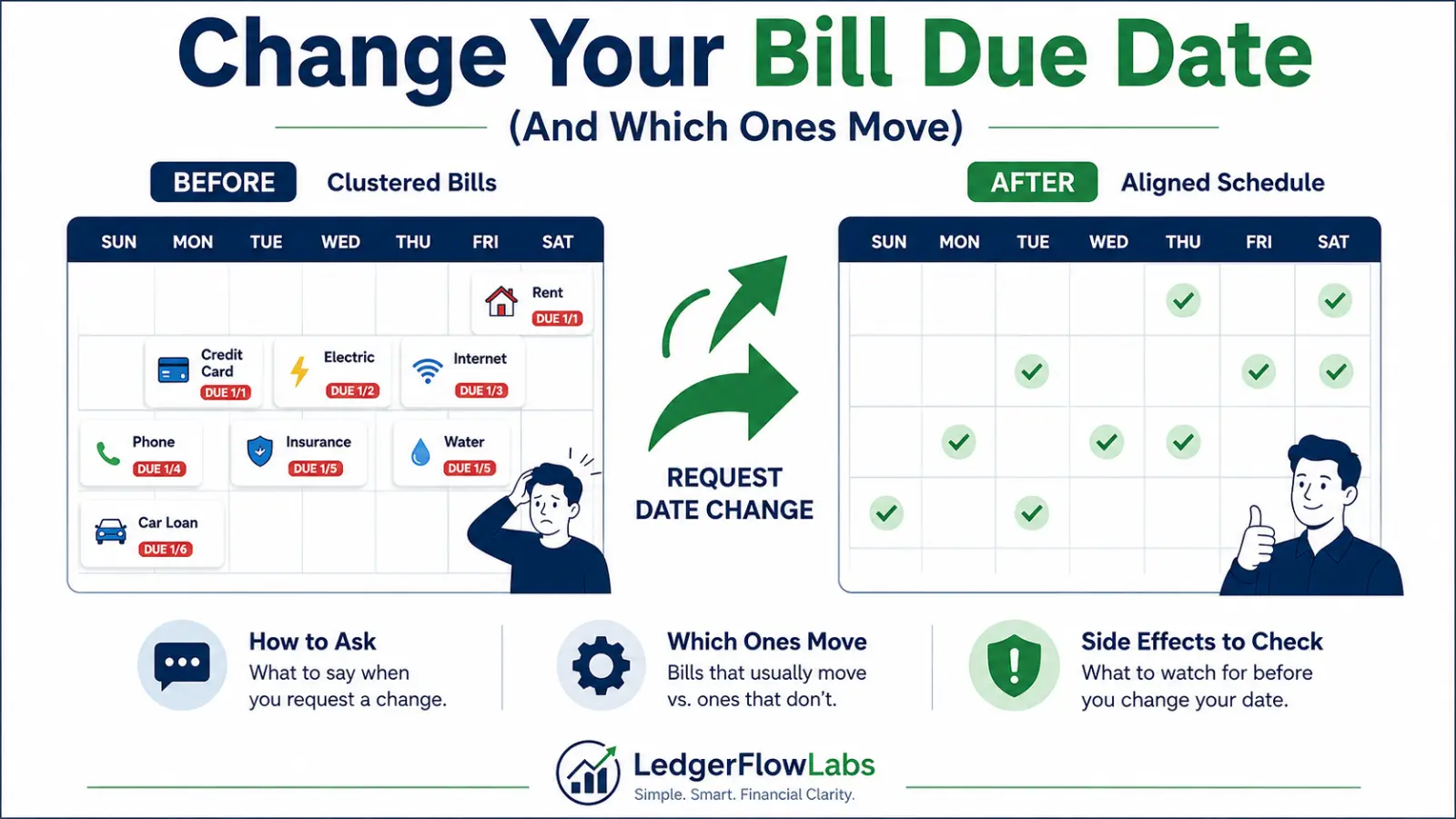Illustration showing how to change a bill due date by moving bills from a crowded payment schedule to a balanced monthly calendar.