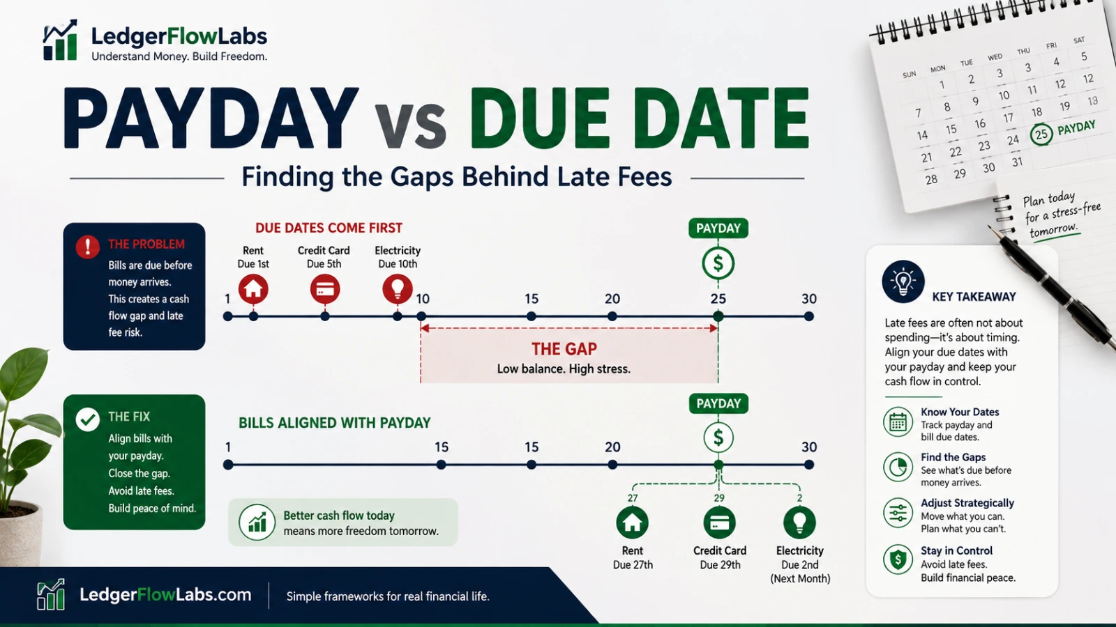 Timeline illustration comparing payday and bill due dates, showing how aligning payment dates helps reduce cash flow gaps and avoid late fees.