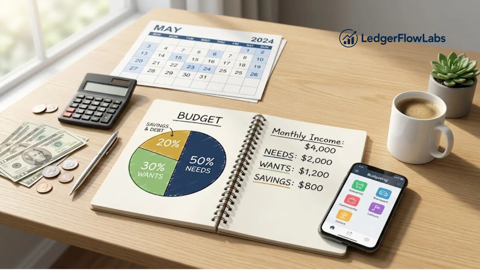 Budget notebook showing the 50/30/20 budgeting rule with calculator, smartphone, calendar, and US dollars on a clean desk.