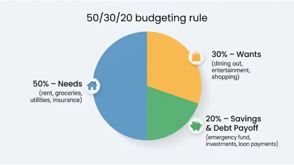 Pie chart showing the 50/30/20 budgeting rule: 50 percent for needs, 30 percent for wants, and 20 percent for savings and debt payoff.