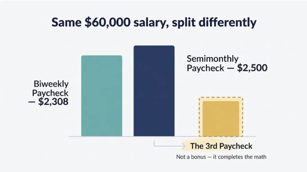 Bar chart comparing a biweekly paycheck of $2,308 to a semimonthly paycheck of $2,500 on the same $60,000 salary, showing the third paycheck as a correction rather than a bonus.