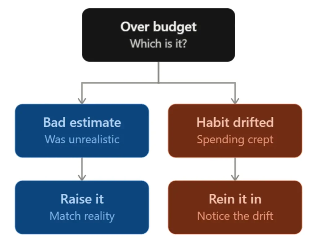 Flowchart showing how to diagnose a budget category that went over: check whether the estimate was unrealistic (raise the number to match reality) or spending behavior drifted (rein it in).