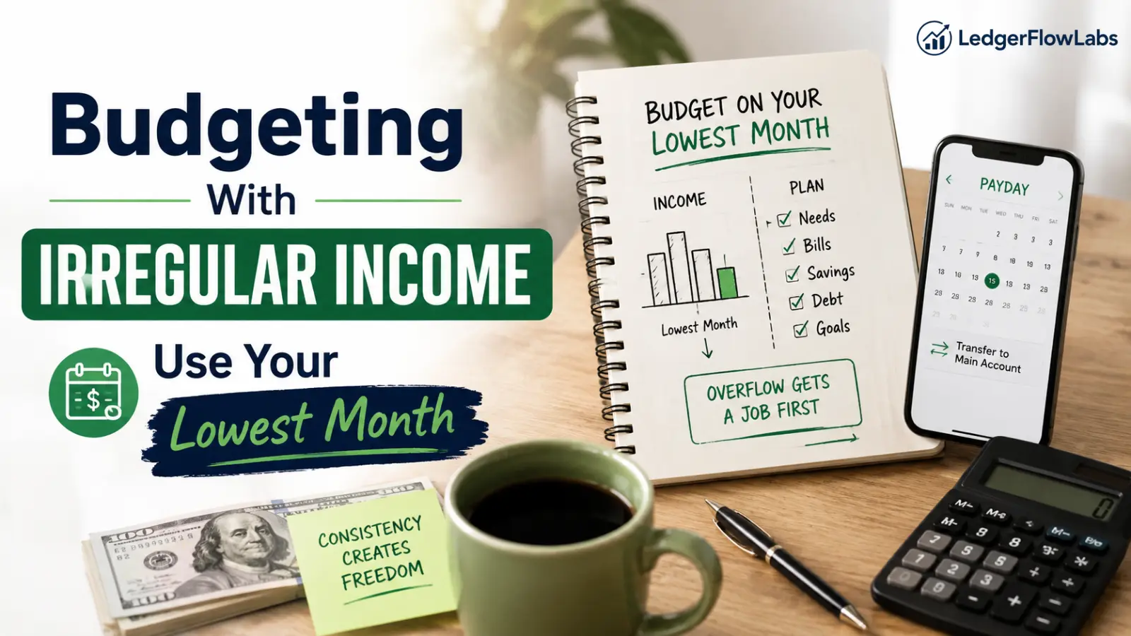 Modern budgeting setup showing a notebook, calculator, phone, and cash with a focus on budgeting based on the lowest monthly income.