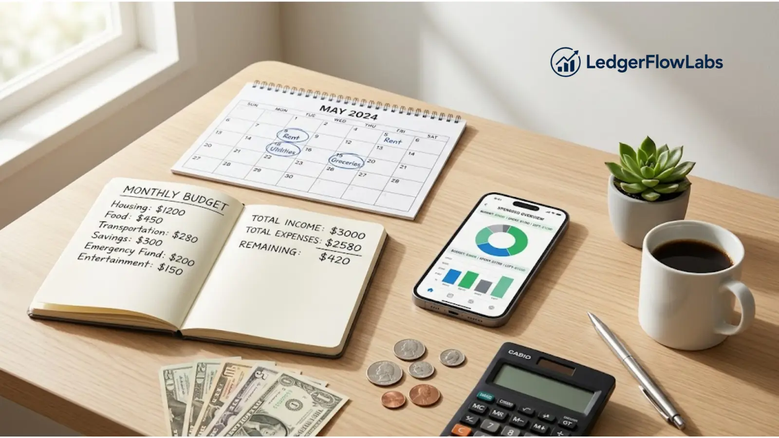 Budget planning workspace with notebook, calculator, smartphone budget app, US dollars, calendar, and coffee on a clean wooden desk.