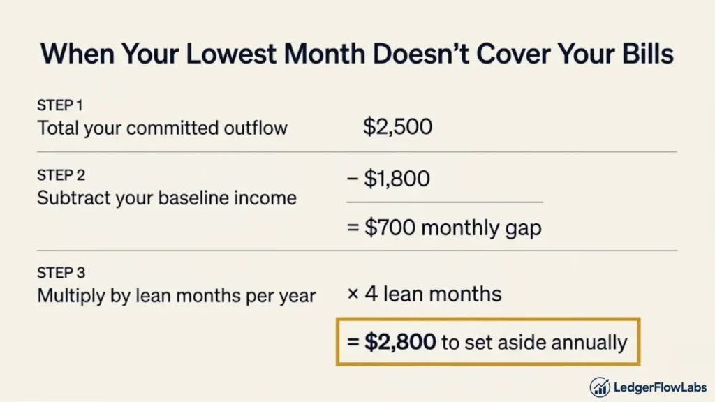 Three-step calculation graphic showing how to find the annual savings gap when your lowest income month does not cover committed monthly bills