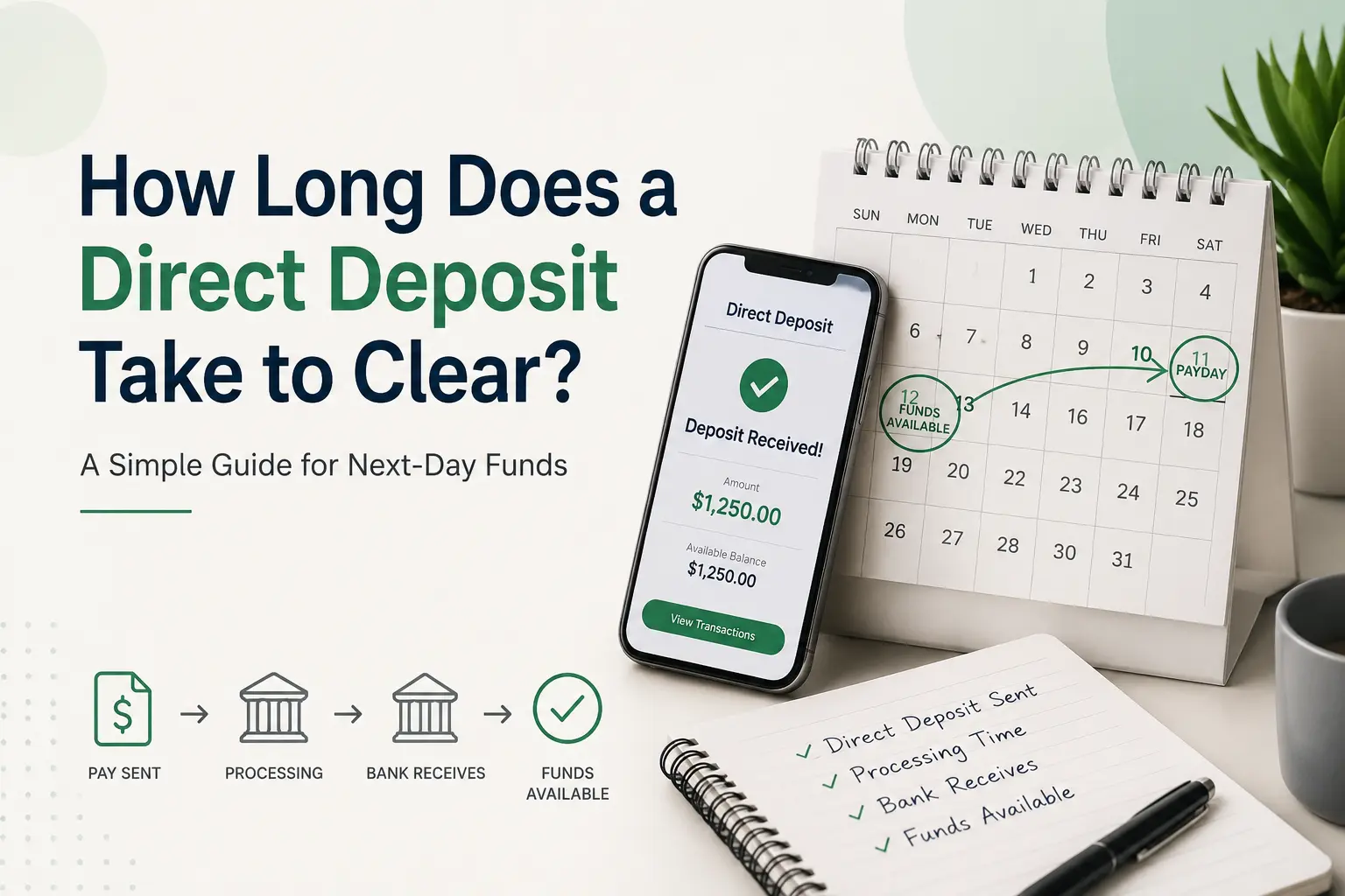 A financial infographic showing how direct deposit moves from payment sent to processing, bank receipt, and funds available.