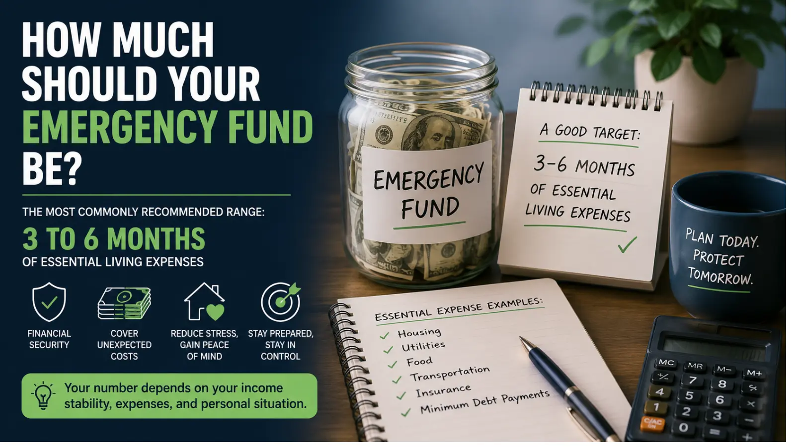 Emergency fund infographic showing the recommended target of 3–6 months of essential living expenses and factors that affect the ideal savings amount.