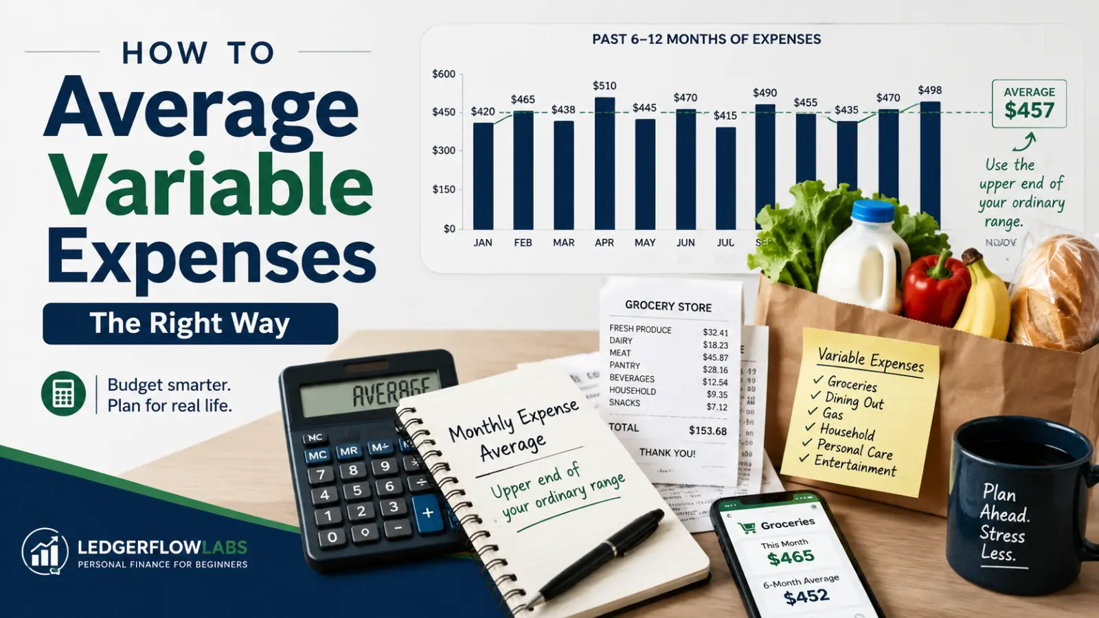 Illustration showing how to average variable expenses using 6 to 12 months of grocery receipts, a calculator, and a monthly expense chart for budgeting.