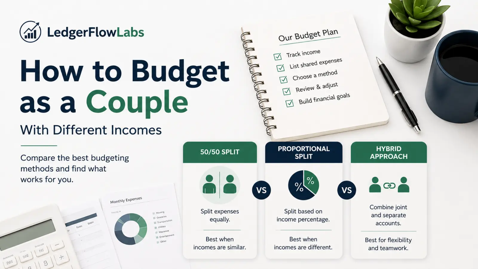 LedgerFlowLabs guide to budgeting as a couple with different incomes, comparing 50/50, proportional, and hybrid budgeting methods.