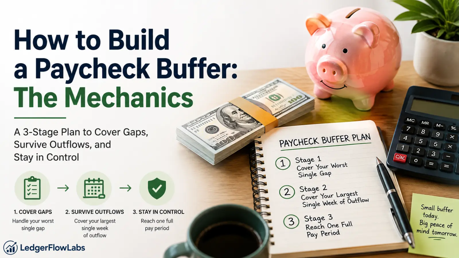 Financial infographic showing a three-stage plan for building a paycheck buffer, from covering income gaps to reaching one full pay period of savings.