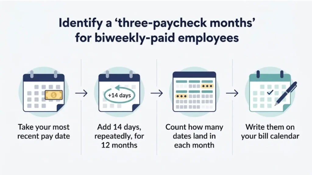 Four-step infographic showing how to find your three-paycheck month: take your most recent pay date, add 14 days repeatedly for 12 months, count how many dates land in each month, and write them on your bill calendar.