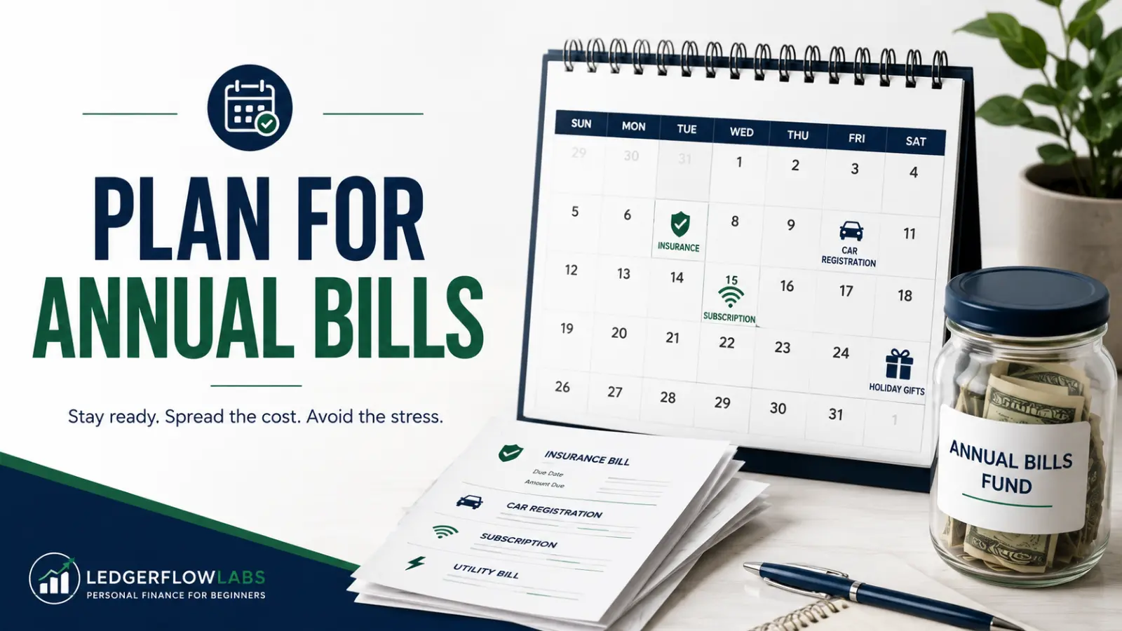 Calendar, bills, and a savings fund illustrating how to plan for annual bills by spreading expenses across the year.