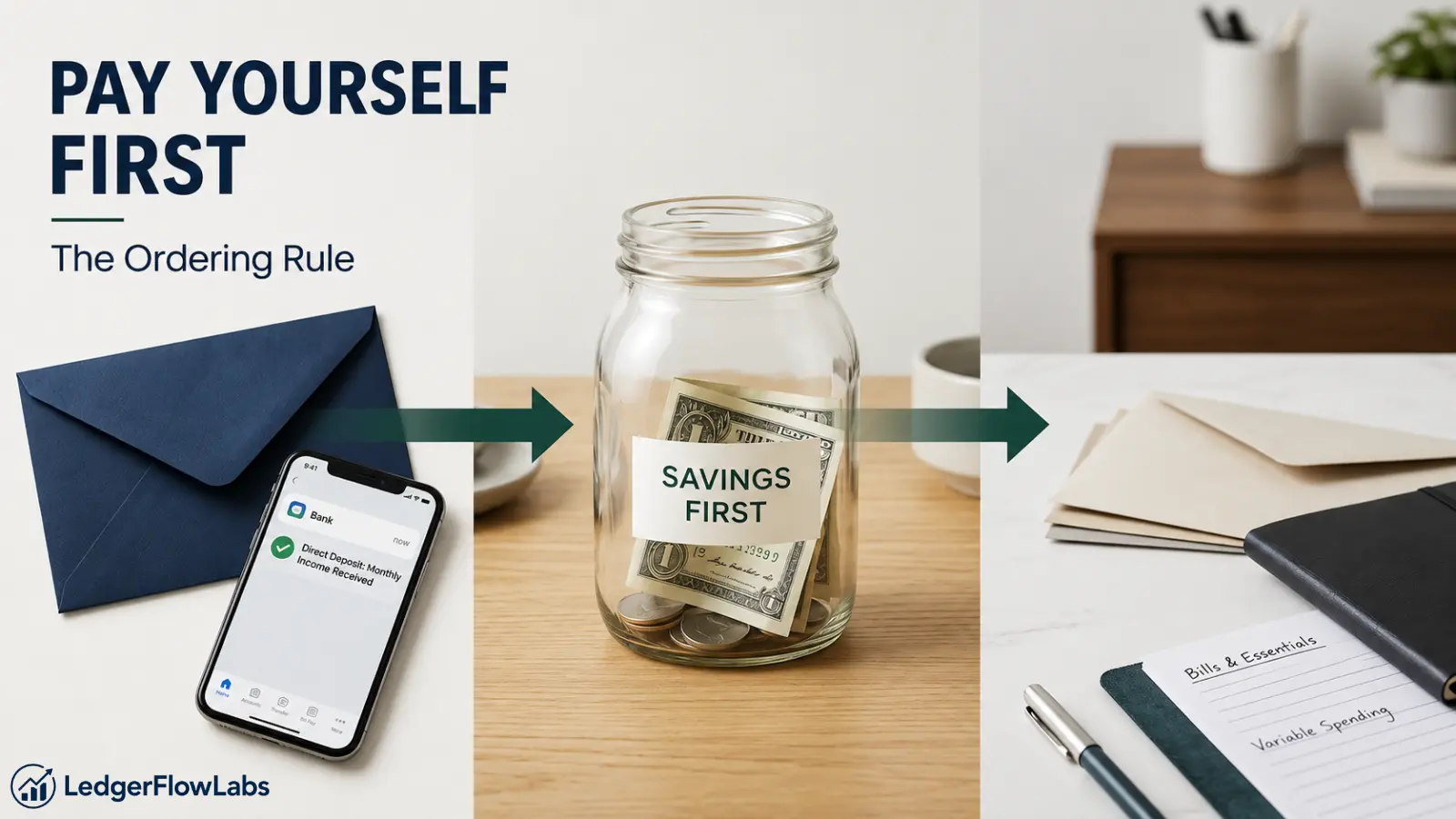 Pay yourself first budgeting concept showing income directed to savings before bills and everyday spending.
