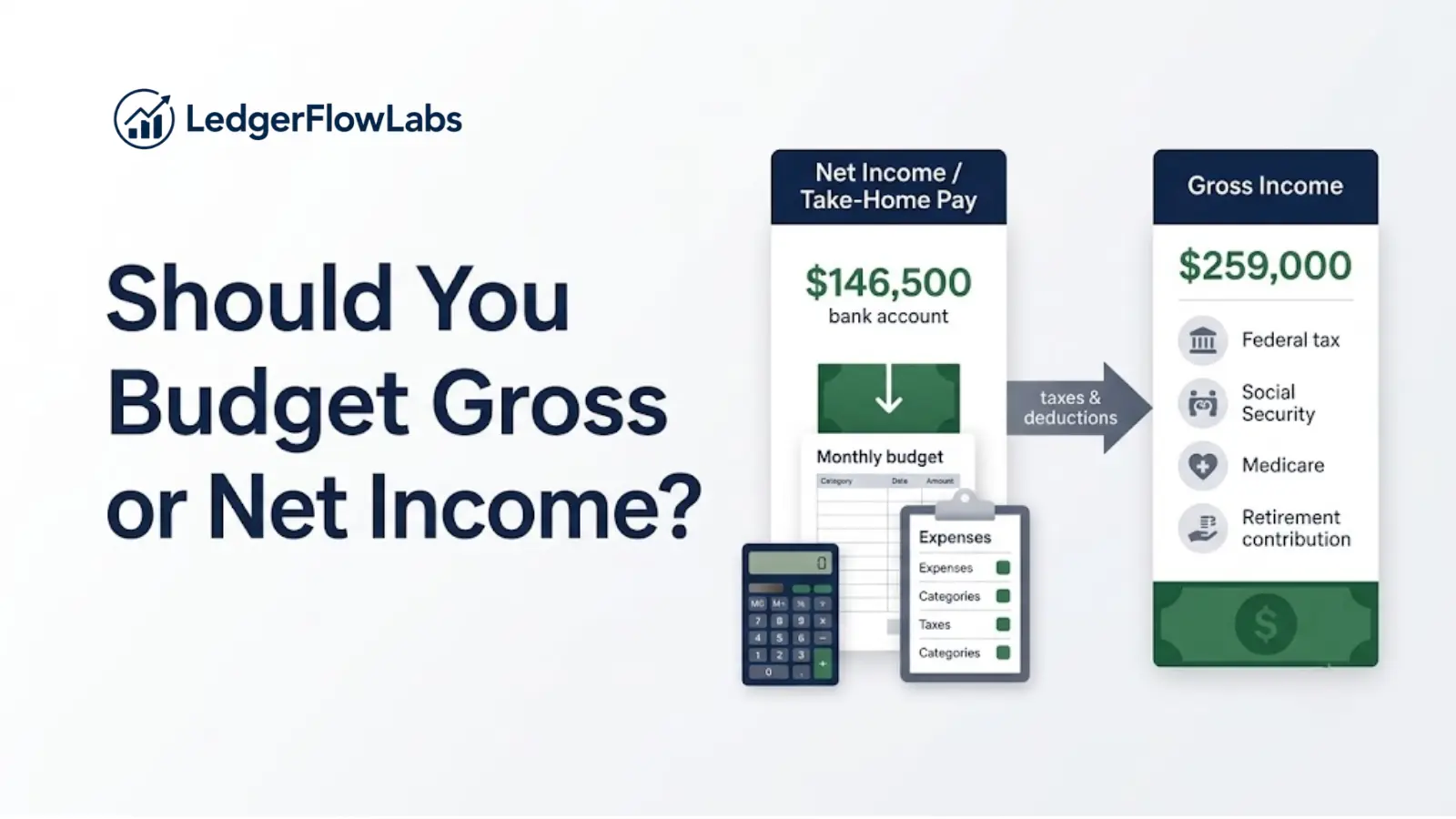Gross vs net income budgeting illustration showing take-home pay after taxes and deductions