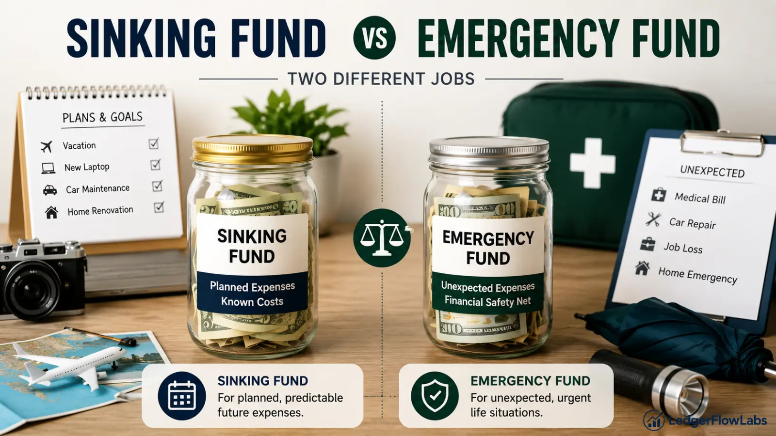 Sinking fund vs emergency fund comparison showing planned expenses and predictable costs on one side, and unexpected expenses and financial emergencies on the other.