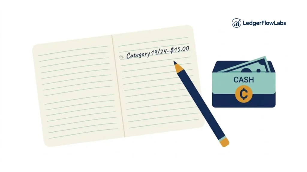 Notebook and pencil representing a paper-based alternative to cash envelope budgeting, next to a labeled cash envelope icon