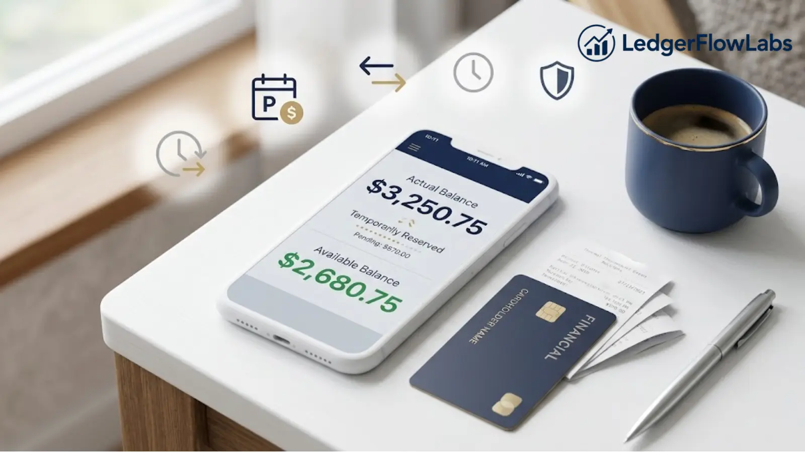 Available Balance vs Actual Balance displayed on a modern banking app with pending transaction indicators.
