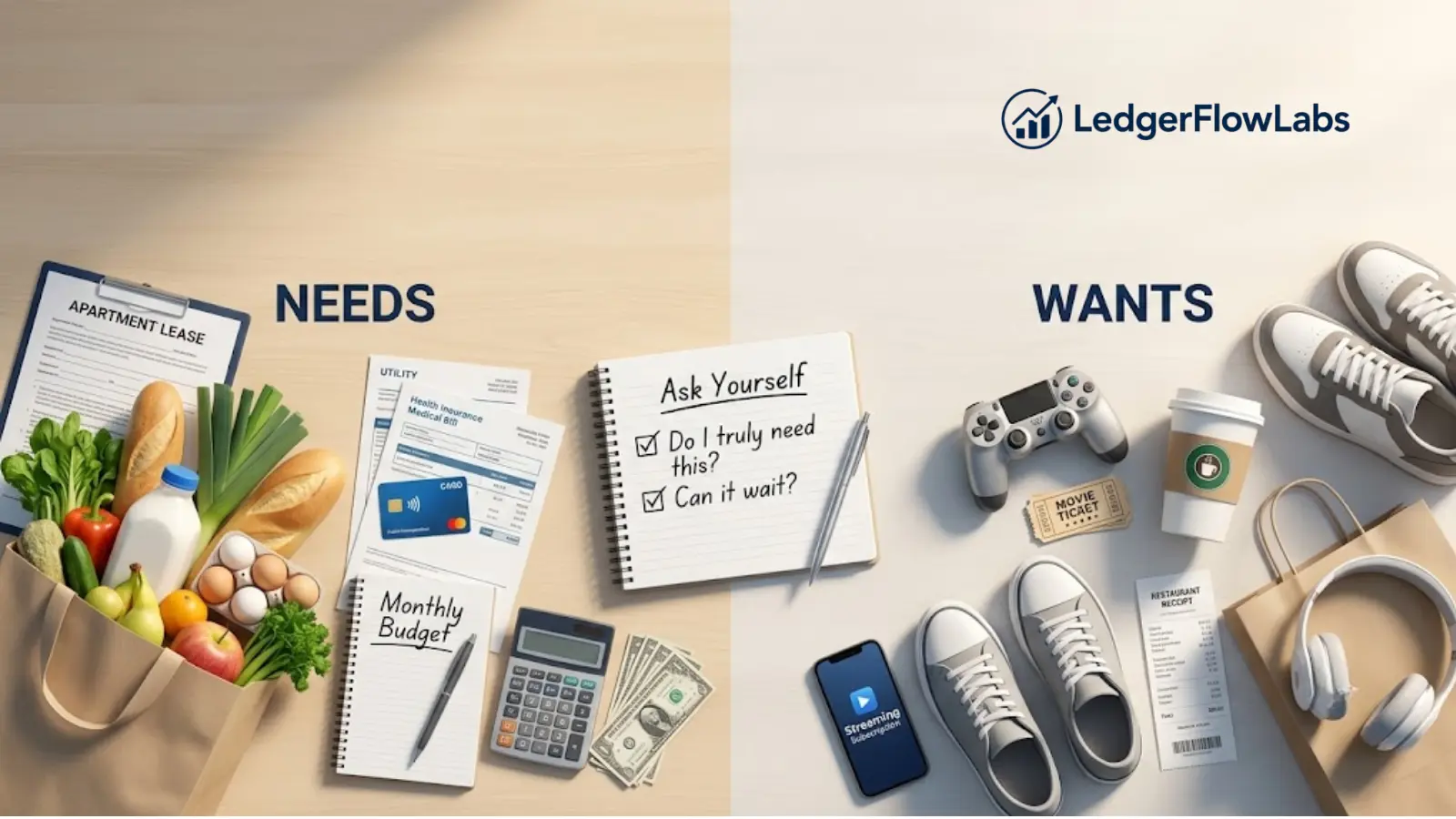 A budgeting workspace comparing essential needs like groceries and bills with optional wants like shopping, entertainment, and gadgets.