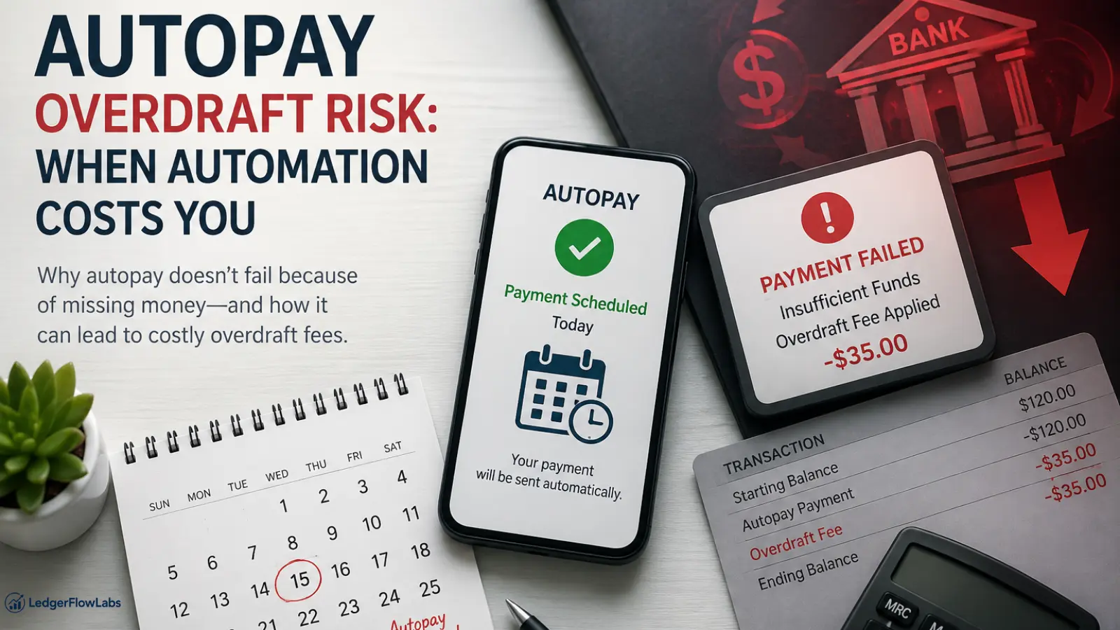 llustration showing an automatic bill payment causing an overdraft fee when a deposit arrives too late.