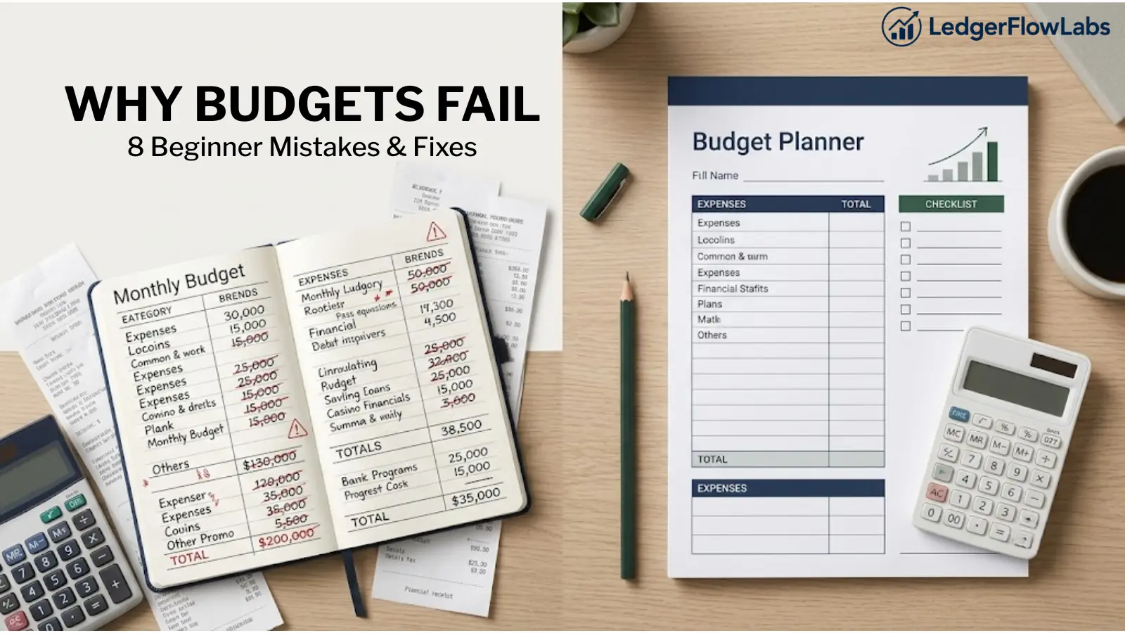 Budget planner showing common budgeting mistakes alongside an organized monthly budget plan