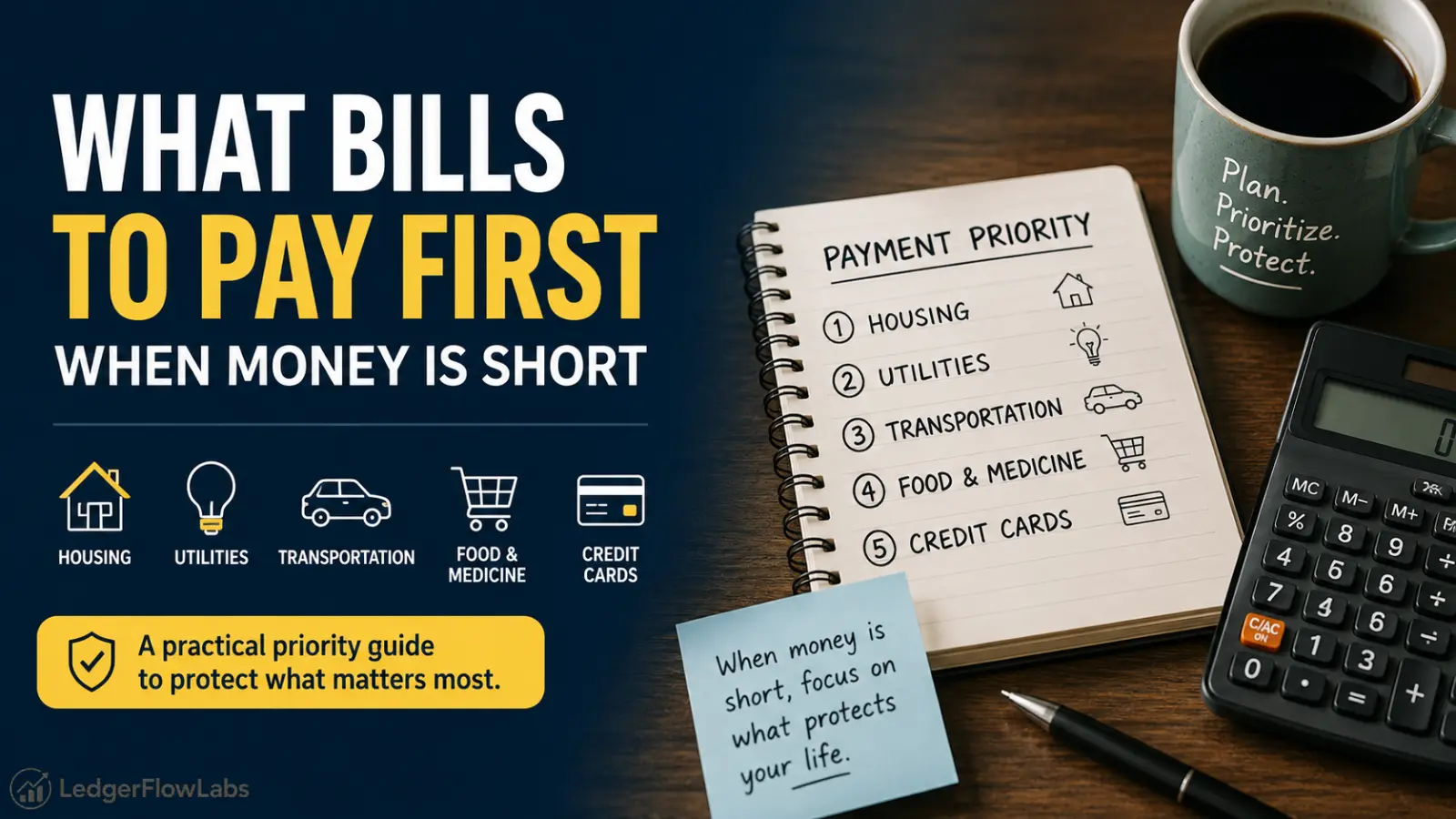 Modern financial infographic showing a bill payment priority list, with housing, utilities, transportation, food and medicine, and credit cards ranked by priority.