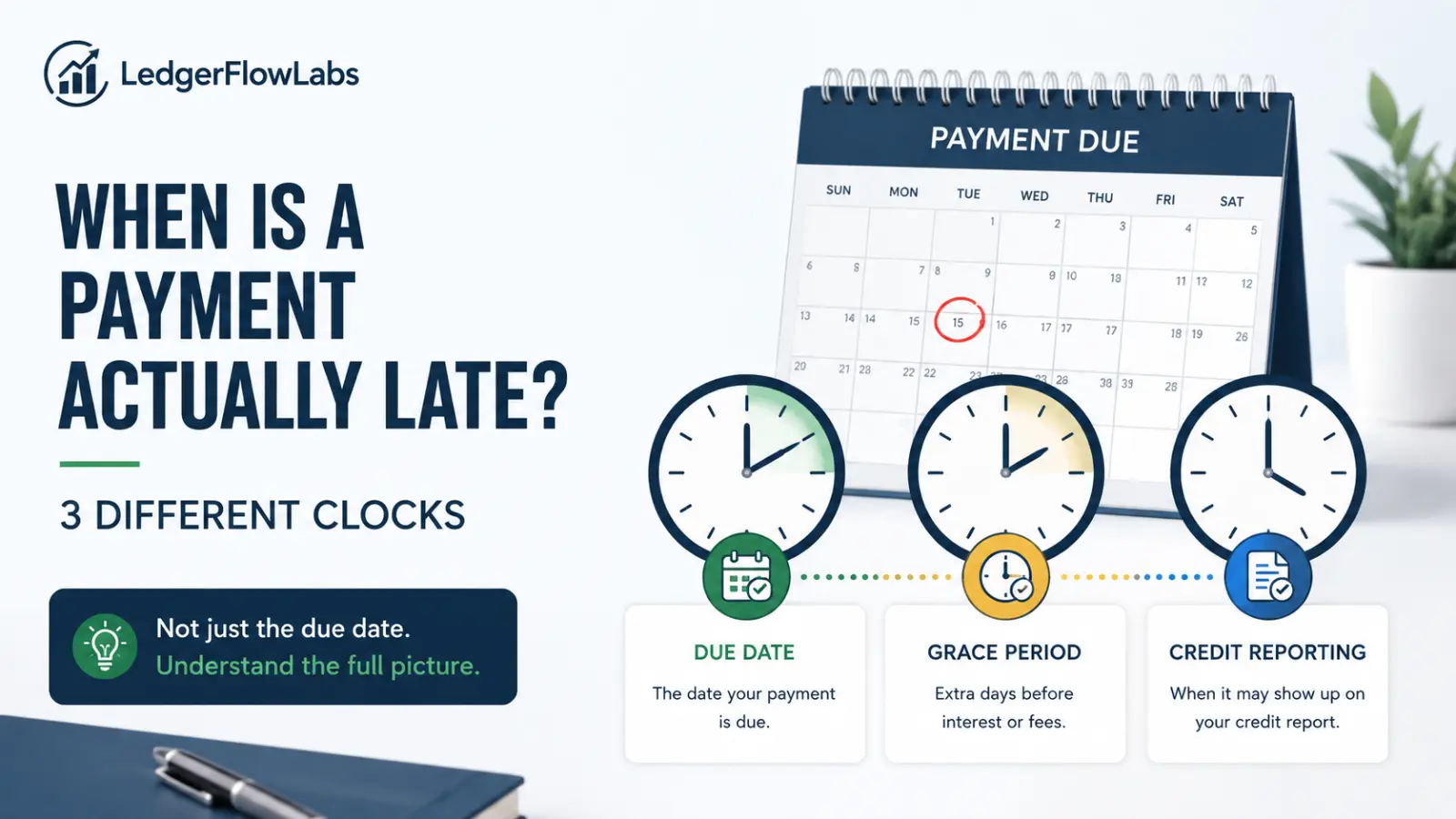 Modern LedgerFlowLabs finance infographic showing three payment timelines—due date, grace period, and credit reporting—explaining when a payment is actually considered late.
