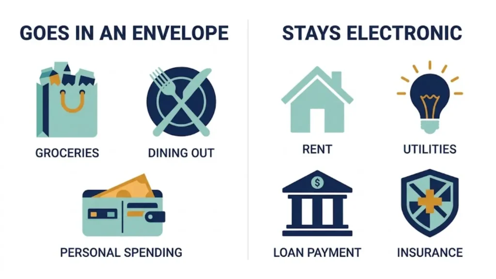 Comparison showing groceries, dining, and personal spending as envelope categories versus rent, utilities, and insurance as electronic-only expenses