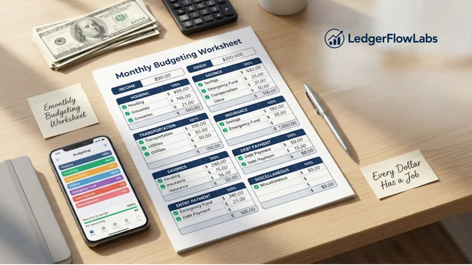 Budget worksheet with categorized expenses, calculator, US dollar bills, and budgeting app illustrating zero-based budgeting.