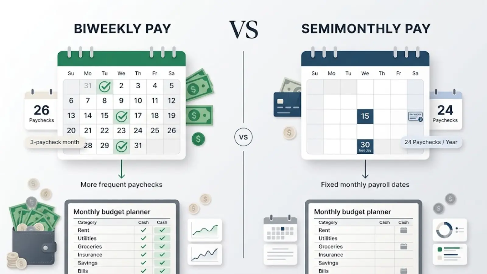 Side-by-side comparison of biweekly and semimonthly pay schedules showing 26 vs 24 paychecks per year, payroll calendars, and a monthly budget planner illustrating how each pay frequency affects budgeting.