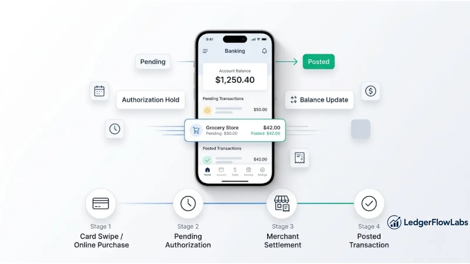 Pending vs posted transaction timeline shown on a mobile banking app with a four-step payment processing flow from purchase to final posted transaction.