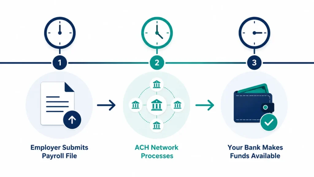 Timeline showing the three stages of a direct deposit: employer submits payroll file, ACH network processes the payment, and the bank makes funds available