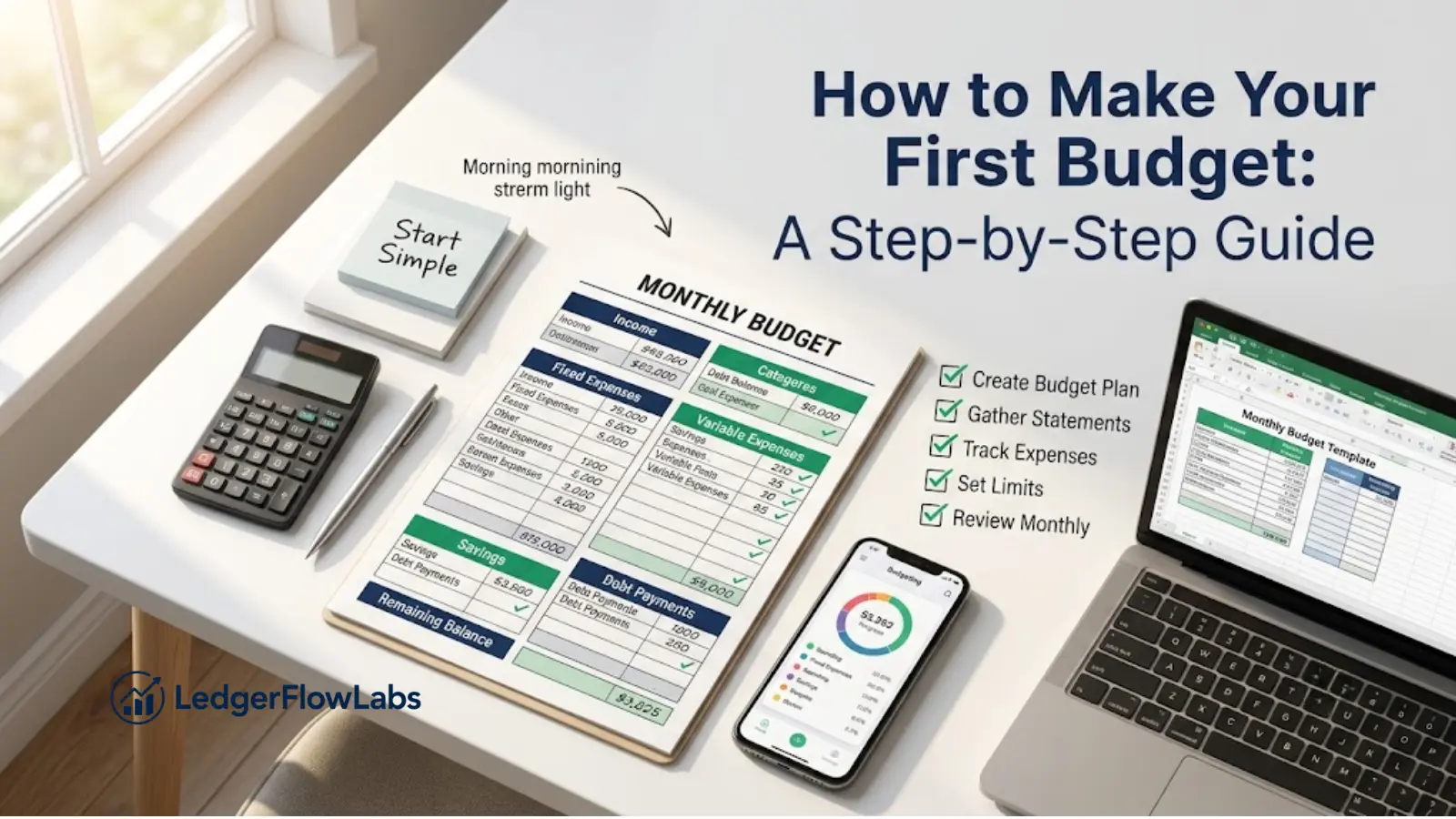 Monthly budget worksheet with calculator, laptop, notebook, and budgeting app for beginners creating their first budget.