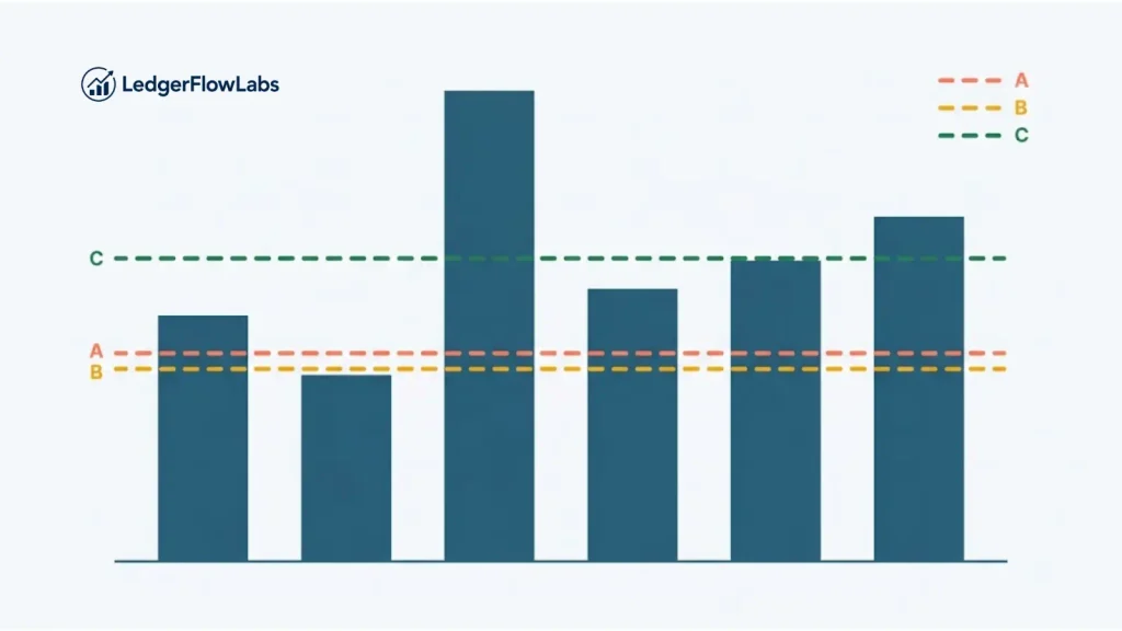 Bar chart of six months of variable grocery spending showing three reference lines for mean, median, and second-highest month, illustrating why the mean is exceeded roughly half the time