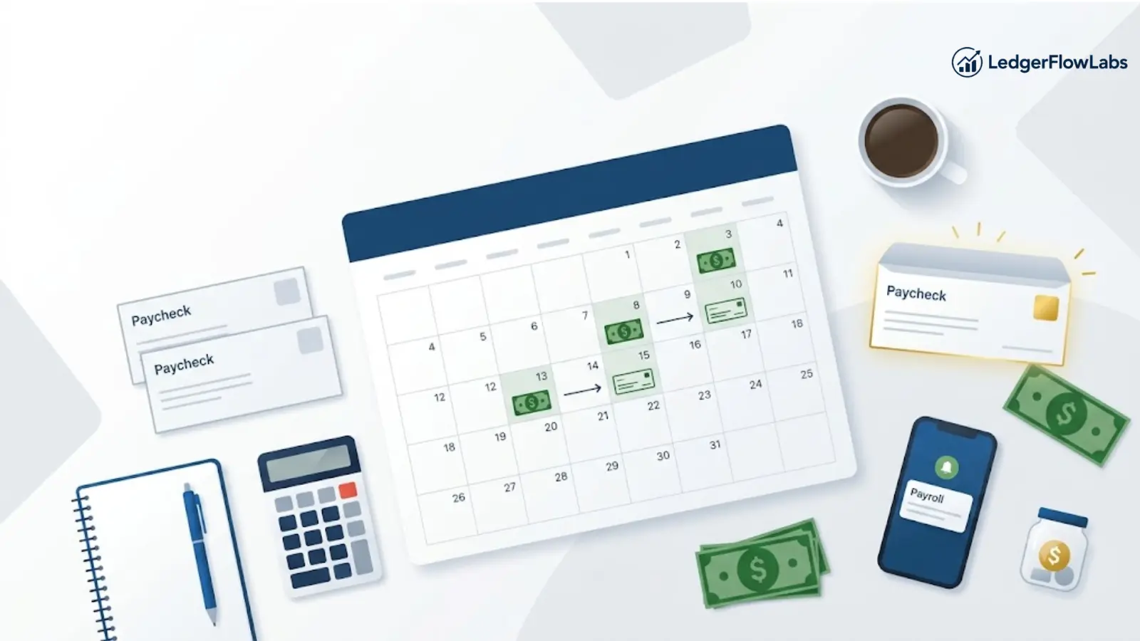 Three-paycheck month calendar showing three highlighted payday dates with paycheck envelopes and budgeting tools.