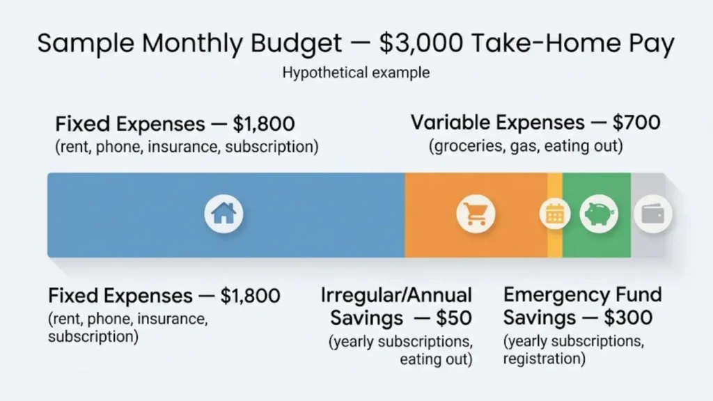 Sample monthly budget breakdown for a hypothetical $3,000 take-home pay, showing fixed expenses, variable expenses, savings, and buffer amounts.