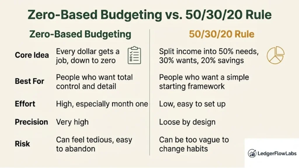 Comparison table of zero-based budgeting vs 50/30/20 rule showing core idea, best for, effort, precision, and risk for each method