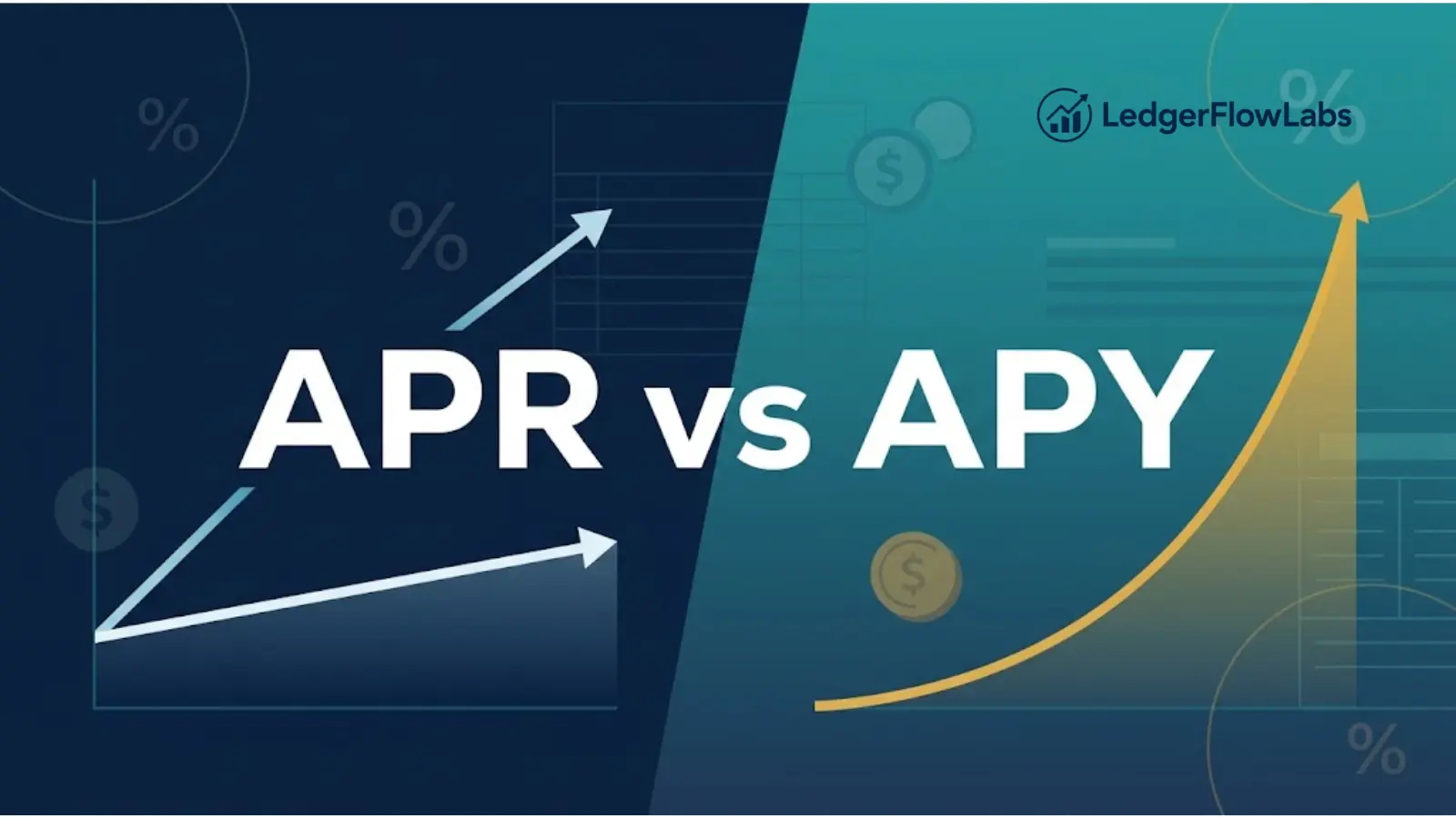 Modern flat-design graphic comparing APR and APY, showing a straight line for simple interest rate (APR) versus a curved compounding growth line for annual percentage yield (APY), on a navy and gold financial-themed background.
