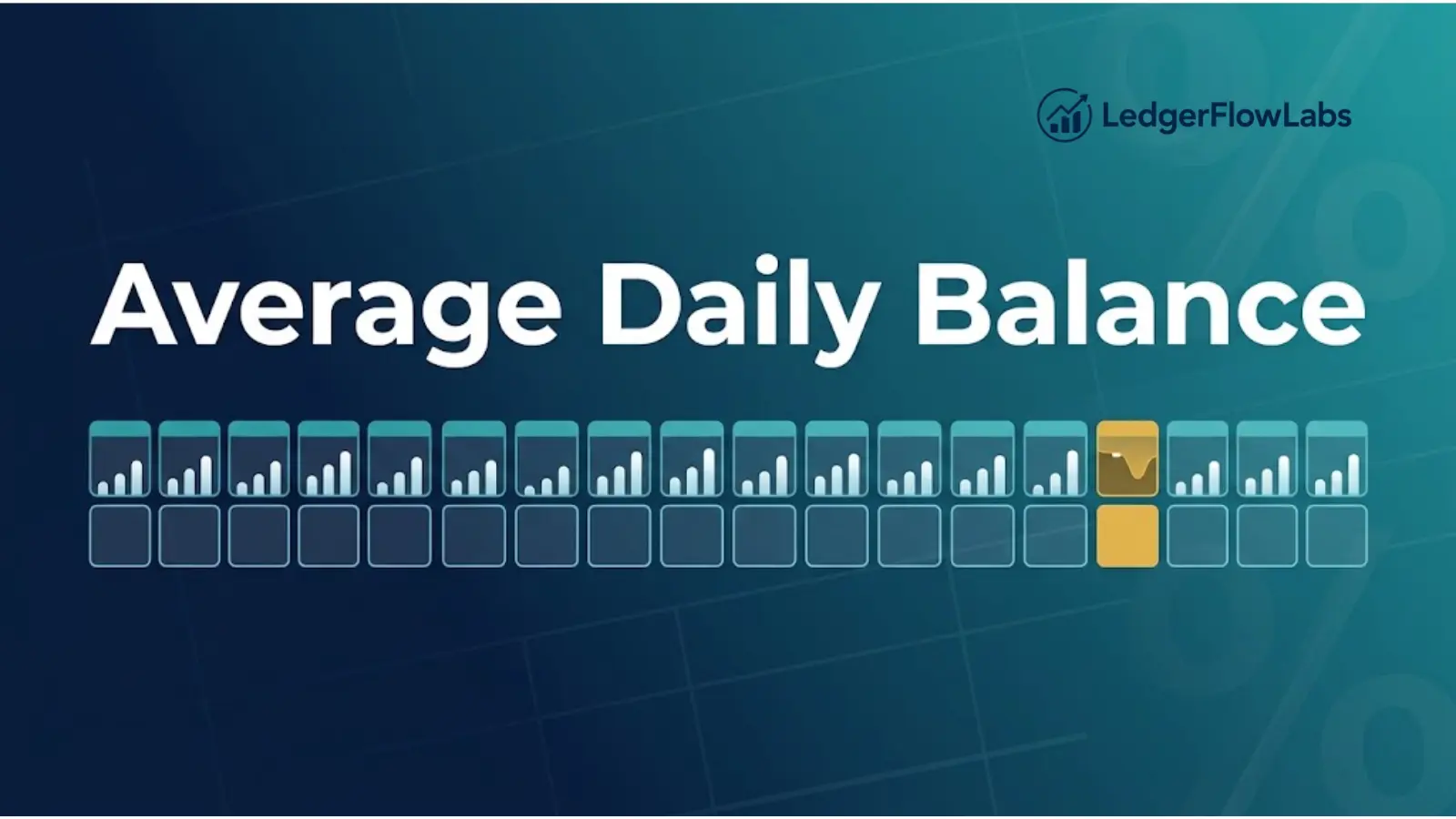 Modern flat-design graphic showing a billing cycle calendar with daily balance levels rising and falling, and one day near the end highlighted in gold to represent a late payment, on a navy and teal financial-themed background.