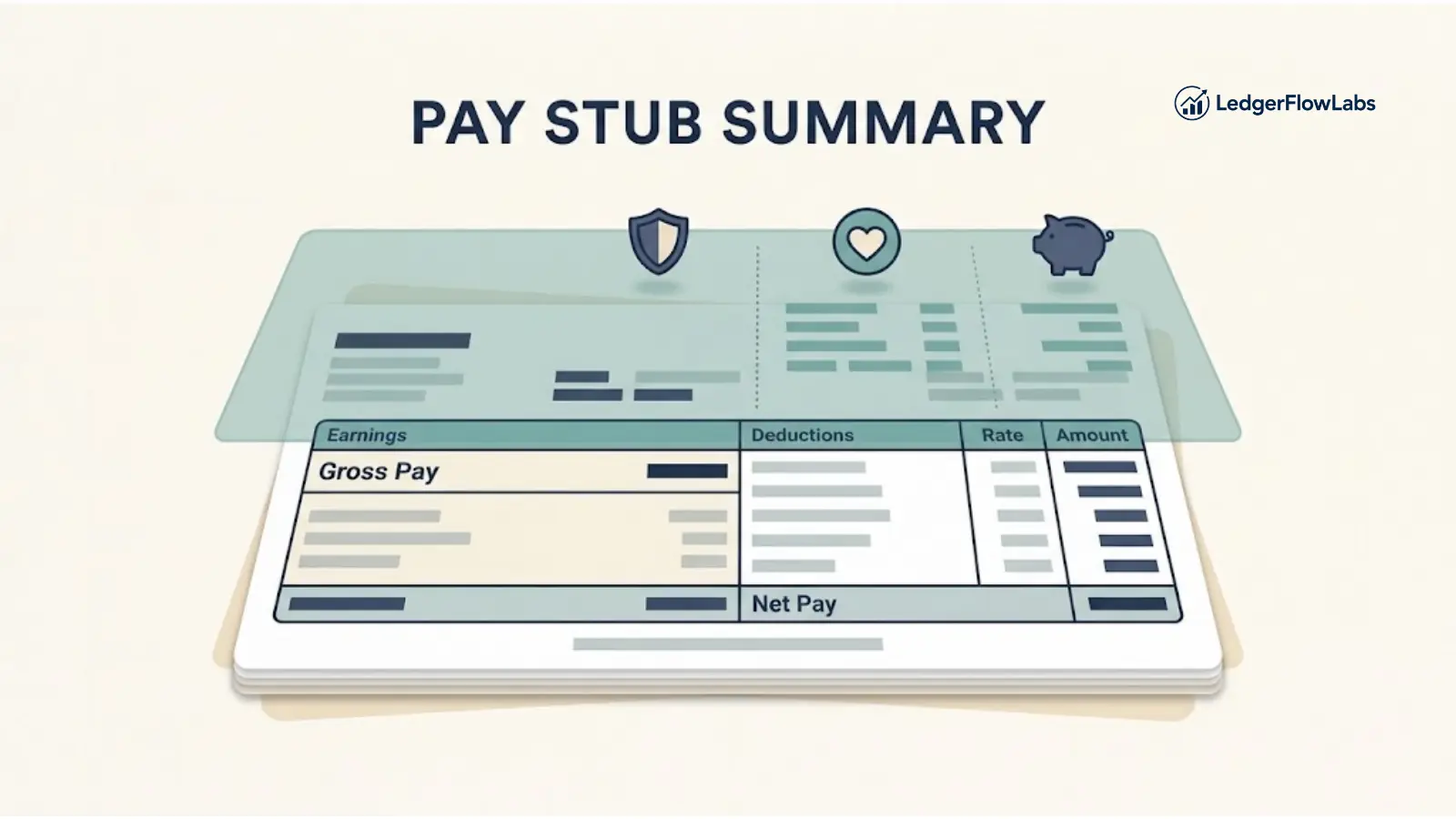 Illustration showing employer contributions as a separate layer on a pay stub that does not reduce net pay