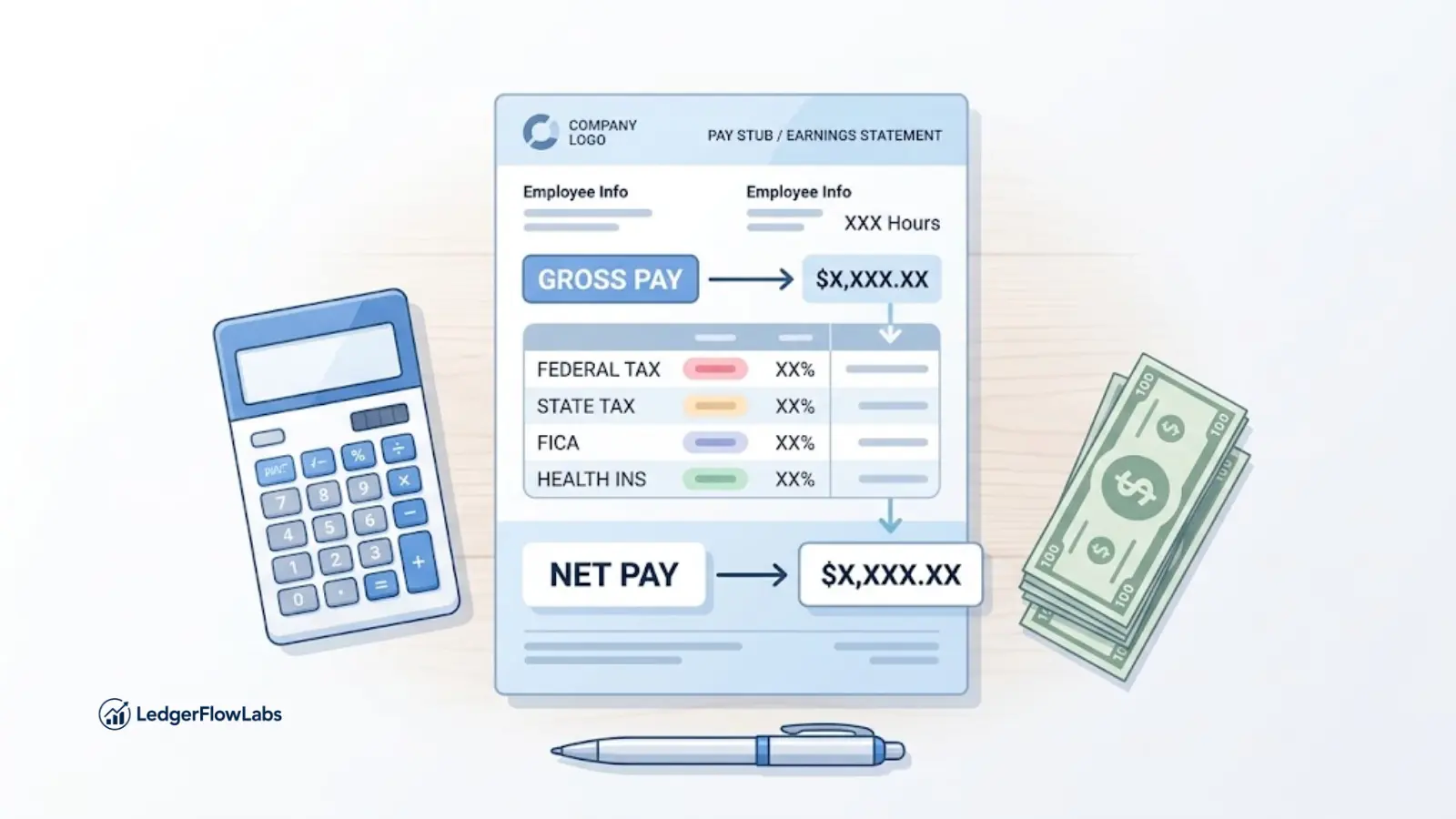 Illustration of a pay stub showing gross pay and net pay breakdown with tax deductions, explaining a first paycheck