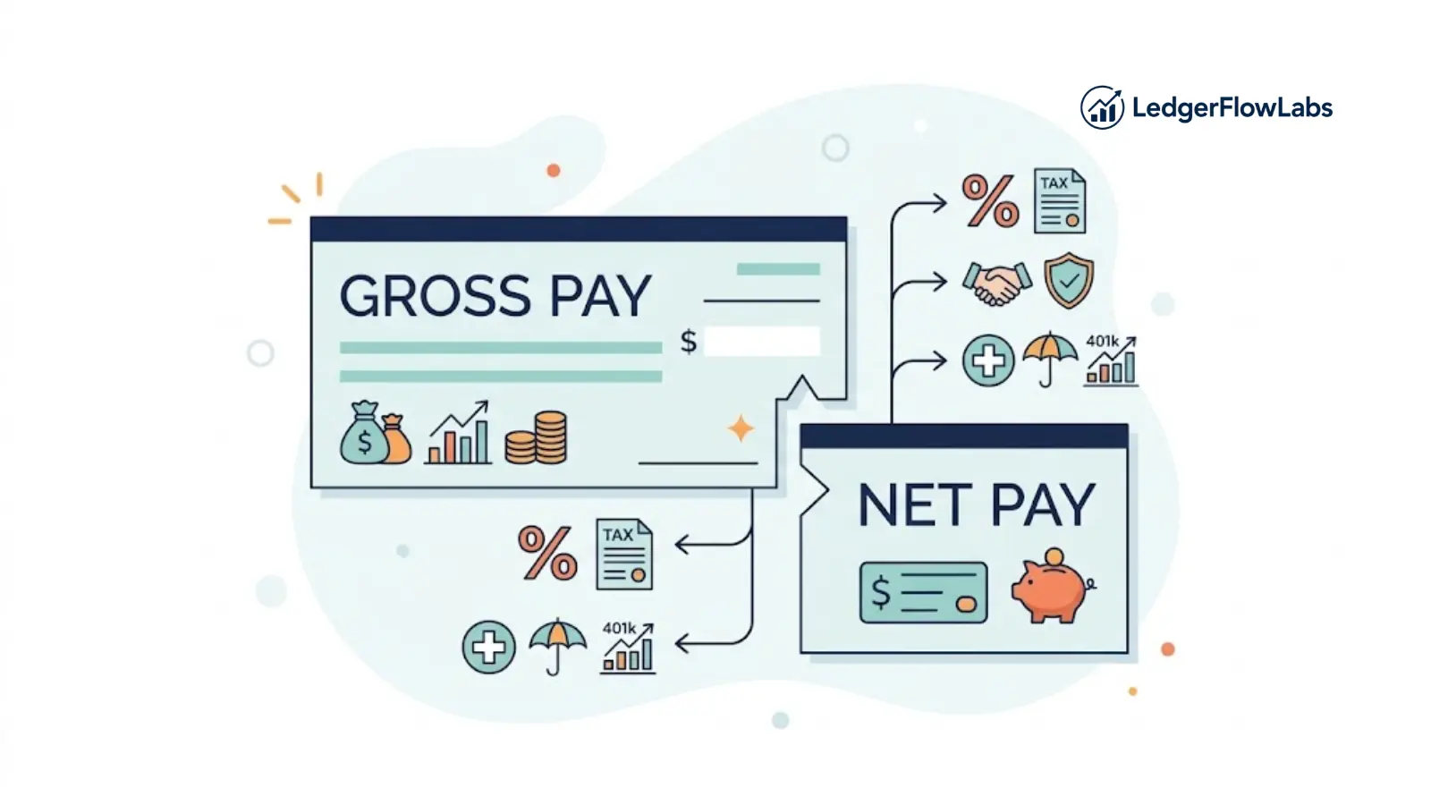 Illustration showing the difference between gross pay and net pay, with the gap split into taxes, social security, and benefits on a US pay stub
