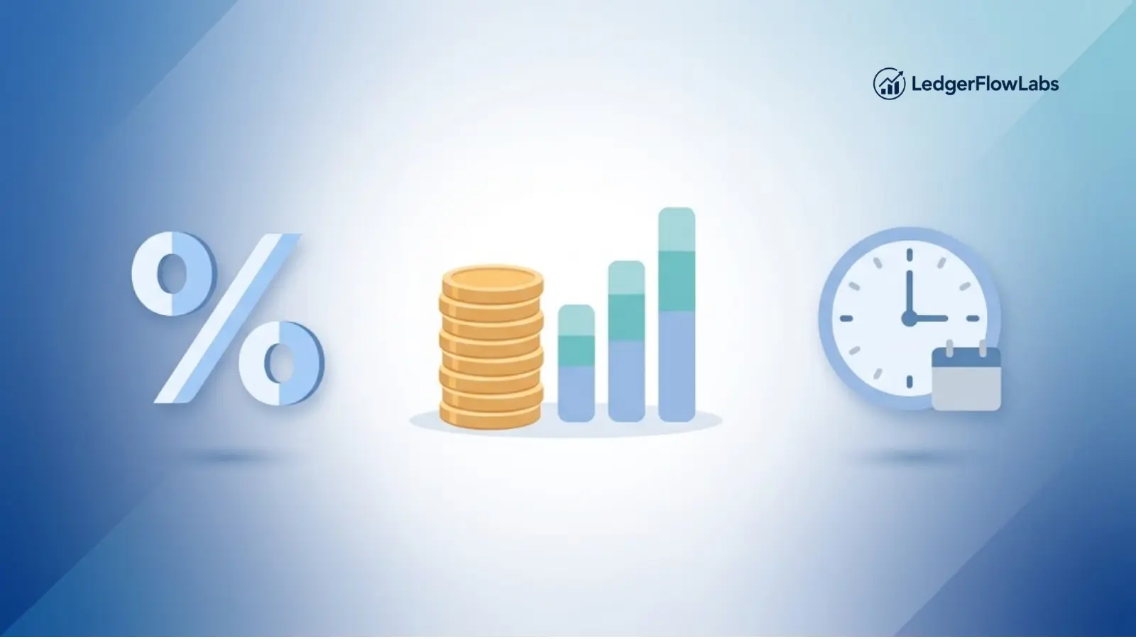 Flat-design illustration showing a percentage symbol, balance icon, and clock representing the three inputs to interest calculation: rate, balance, and time