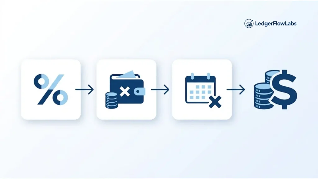 Three-step flow diagram showing how credit card interest is 
calculated: APR divided by 365 gives the daily rate, the daily rate 
multiplied by the balance gives daily interest, and daily interest 
multiplied by days in the billing cycle gives total interest charged