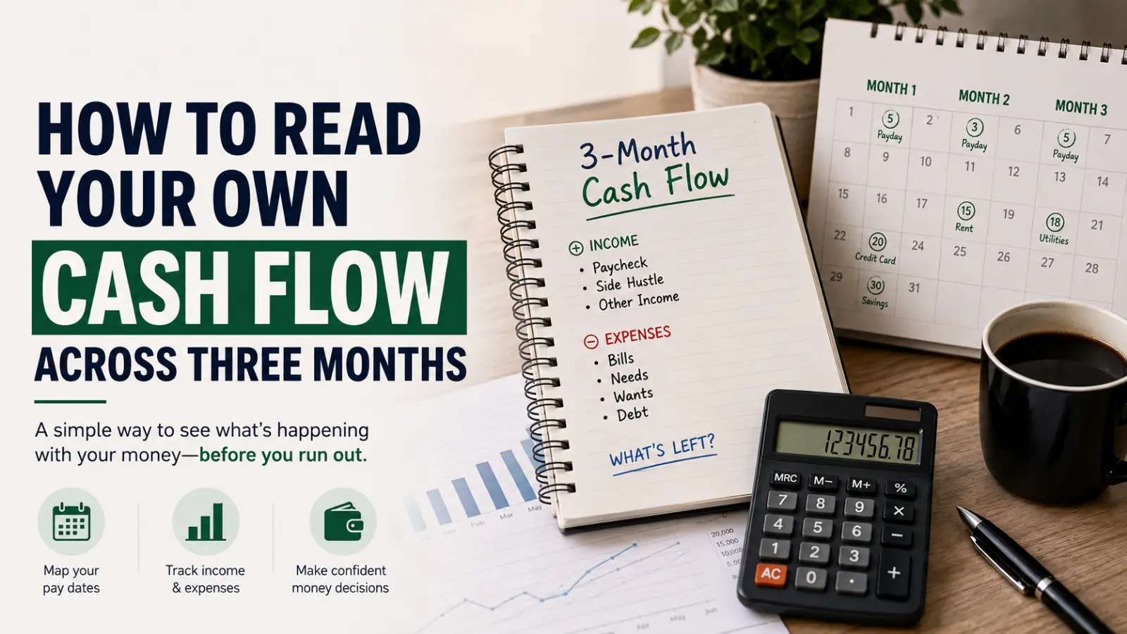 Three-month cash flow planning workspace with a calendar, cash flow notebook, calculator, and financial charts.